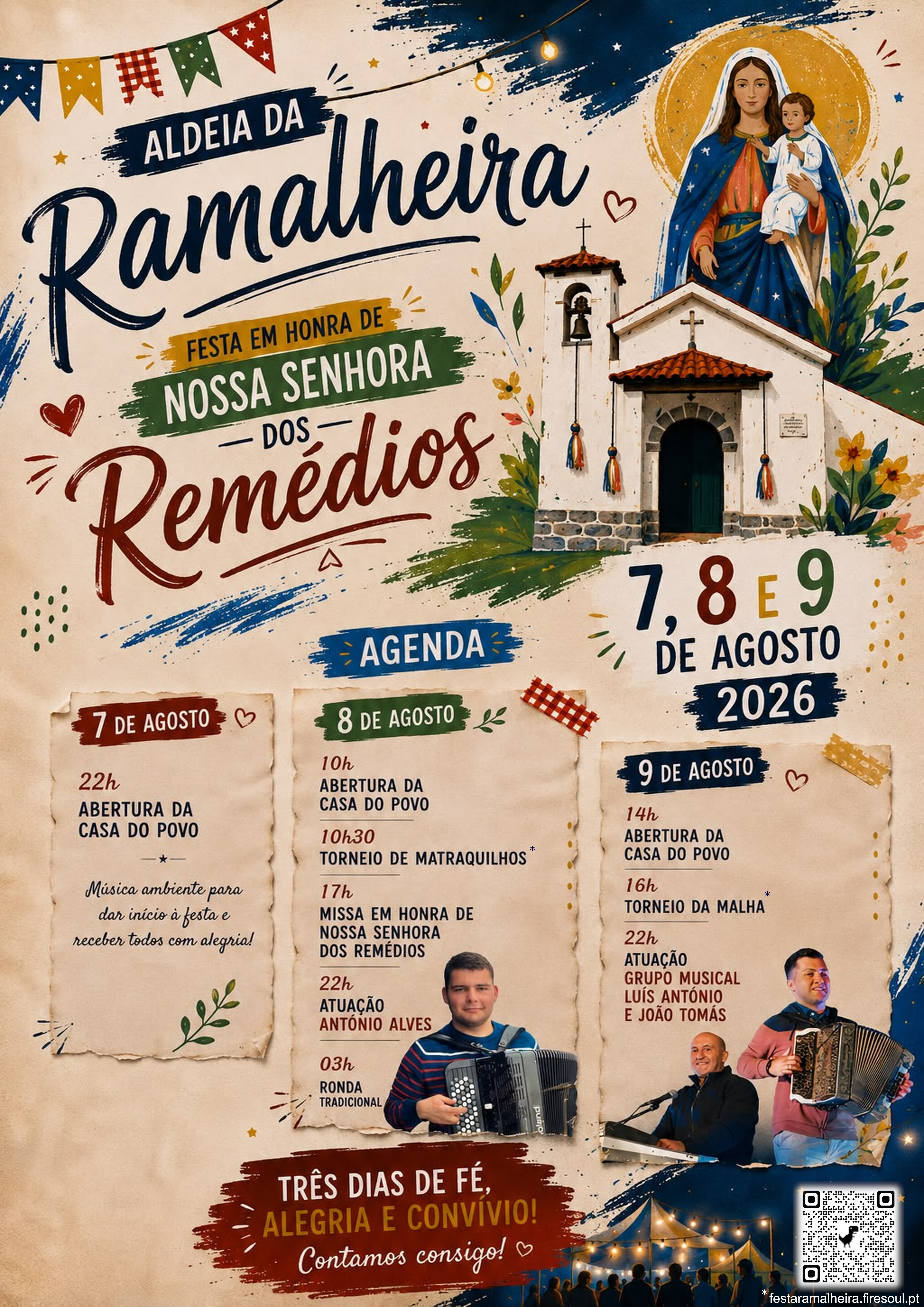 Cartaz da Festa da Ramalheira com os cantores, Nossa Senhora dos Remédios e a capela
